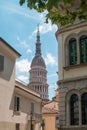 Cupola of San Gaudenzio Basilica in Novara city, Italy. Dome and belfry of San Gaudenzio cathedral with old buildings in Royalty Free Stock Photo