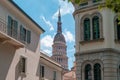 Cupola of San Gaudenzio Basilica in Novara city, Italy. Dome and belfry of San Gaudenzio church with old buildings in Royalty Free Stock Photo