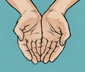 Cupped hands, folded arms. Pop art retro comic style. Cartoon vector illustration