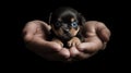 cupped hands holding a tiny black and brown puppy