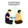 Cupping therapy alternative medicine treatment, therapist puts a cup on skin illustration. Royalty Free Stock Photo