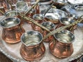 Cupric coffeepots at bazaar in Turkey