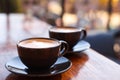 Cups of aromatic coffee with foam on wooden table in outdoor cafe. Space for text Royalty Free Stock Photo