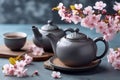 Cups of brewed tea, teapot and sakura flowers on grey table. Generative AI