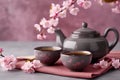 Cups of brewed tea, teapot and sakura flowers on grey table. Generative AI
