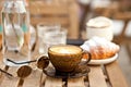 Cups of cappuccino coffee with croissant in a cafe Royalty Free Stock Photo