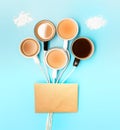 cups of coffee as hot air balloons on blue background, with an evelope for a message, good morning and wake up concept