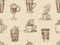 Cups of coffee background in vintage style. Seamless pattern. Take away Cappuccino and Glace, espresso and latte, mocha Royalty Free Stock Photo