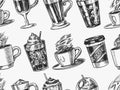 Cups of coffee background in vintage style. Seamless pattern. Take away Cappuccino and Glace, espresso and latte, mocha