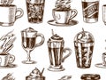 Cups of coffee background in vintage style. Seamless pattern. Take away Cappuccino and Glace, espresso and latte, mocha Royalty Free Stock Photo