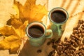 Cups of coffee and coffee beans,and autumn yellow leaves illuminated by sunlight