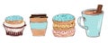 Cups of coffee with cupcakes and donuts. Cartoon style isolated on white background Royalty Free Stock Photo