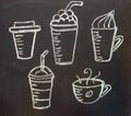 Cups with coffee drawn in chalk on a blackboard.