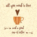 Cups of coffee, heart, positive sayings and quote.