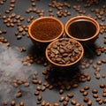 Cups of coffee and roasted coffee beans on a black background in a pair. Royalty Free Stock Photo