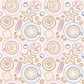 Cups of coffee and sweets in line art, doodle style. Coffee break pattern.
