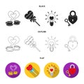 Cups with coffee, valentine, lamp, lock with key. Romantic set collection icons in black, flat, outline style vector