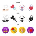 Cups with coffee, valentine, lamp, lock with key. Romantic set collection icons in cartoon,black,flat style vector