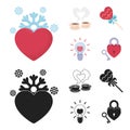 Cups with coffee, valentine, lamp, lock with key. Romantic set collection icons in cartoon,black style vector symbol