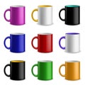 Cups color set. Colorful ceramic realistic mugs for different drinks collection, branding identity design. Blank dishware. Pottery