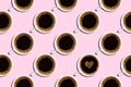 Cups with espresso coffee with froth and heart shape seamless pattern on a light pink background. Valentine`s day card, love Royalty Free Stock Photo