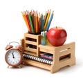 Cups Filled with School Stationery, Alongside an Apple and an Alarm Clock, Isolated on a Clean White Background, Representing Royalty Free Stock Photo