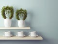 Cups and flowerpot on the shelf.