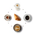 Cups in the form of watches with different types of coffee Royalty Free Stock Photo