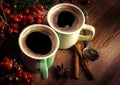 Cups of fragrant coffee on a Christmas background Royalty Free Stock Photo