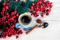 Cups of fragrant coffee on a Christmas background Royalty Free Stock Photo