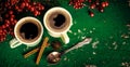 Cups of fragrant coffee on a Christmas background