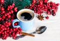 Cups of fragrant coffee on a Christmas background Royalty Free Stock Photo