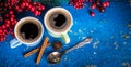 Cups of fragrant coffee on a Christmas background Royalty Free Stock Photo