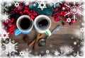 Cups of fragrant coffee on a Christmas background Royalty Free Stock Photo