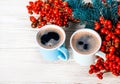 Cups of fragrant coffee on a Christmas background Royalty Free Stock Photo