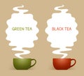 Cups of fresh green and black tea, and hot white steam Royalty Free Stock Photo