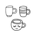 Cups hand drawn in doodle style. set of elements vector scandinavian monochrome minimalism simple. mugs, drinks, tea, coffee, Royalty Free Stock Photo