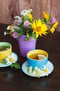 Cups of herbal tea with camomile, lemon and mint leaves Royalty Free Stock Photo