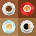 Cups of hot aromatic coffee on different color backgrounds, top view. Collage Royalty Free Stock Photo