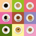 Cups of hot aromatic coffee on different color backgrounds, top view. Collage Royalty Free Stock Photo