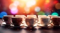 9 cups of hot coffee with coffee art and a cozy blurred background Royalty Free Stock Photo