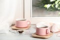 Cups of hot tea with wooden coasters Royalty Free Stock Photo