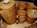 Cups and kettle of birch bark. Kitchenware. Folk craft Russia. Retro. Products from Birch bark were made by most societies