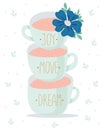 A set of mugs with inscriptions, floral decoration, for postcards on the holiday. Motivation Letthering