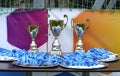 Cups and medals for the winner football team. Football Girls Ukraine Cup EmPower Girl . Kyiv, Ukraine