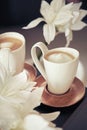 Cups of milk coffee with flowers