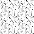 Cups pattern, seamless background hand drawn sketch of coffee and tea cups, black doodle, vector pattern without