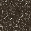 Cups pattern, seamless vector background hand drawn sketch of coffee and tea cups, white doodle on brown background