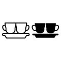 Cups on a plate line and glyph icon. Mugs and plate vector illustration isolated on white. Kitchenware outline style
