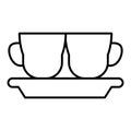 Cups on a plate thin line icon. Mugs and plate vector illustration isolated on white. Kitchenware outline style design